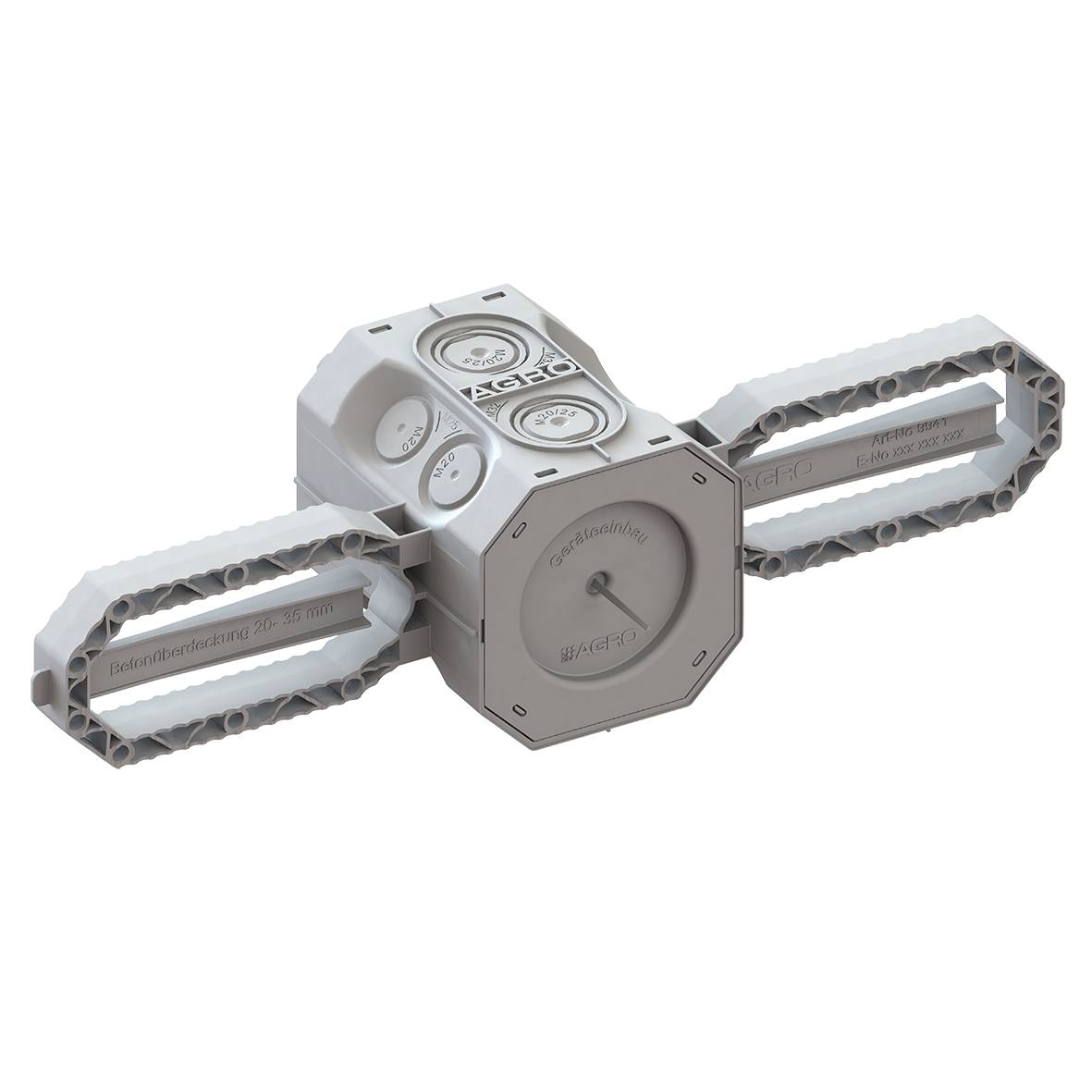 Eine futuristische, weiße sechseckige Drohne mit zwei horizontalen Flügeln und mehreren kreisförmigen Anzeigen auf der Oberseite, die technologische Merkmale zeigt.