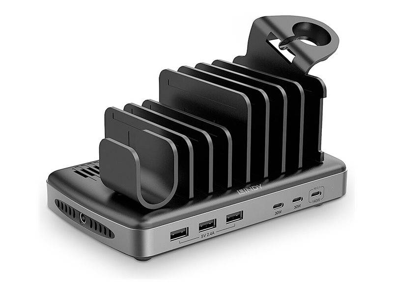 Mehrfach-Ladedock mit schwarzen Gerätetrennern auf silberner Basis, das USB-Anschlüsse und einen Netzschalter zum gleichzeitigen Laden mehrerer Geräte zeigt.