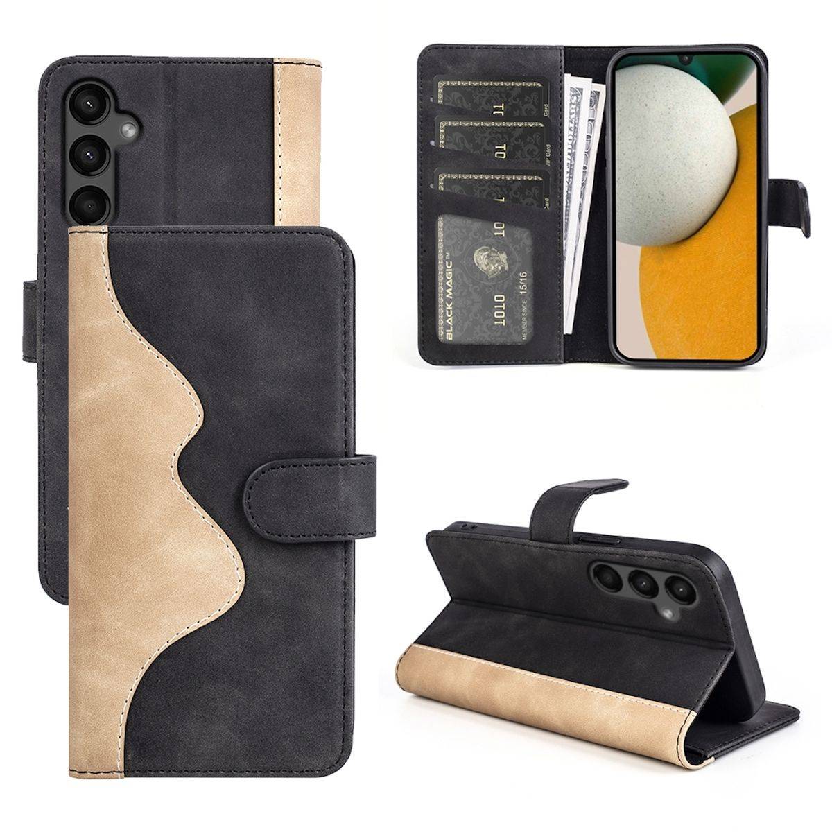 Für Samsung Galaxy A15 Design Handy Tasche Wallet Schutz Hülle Schwarz