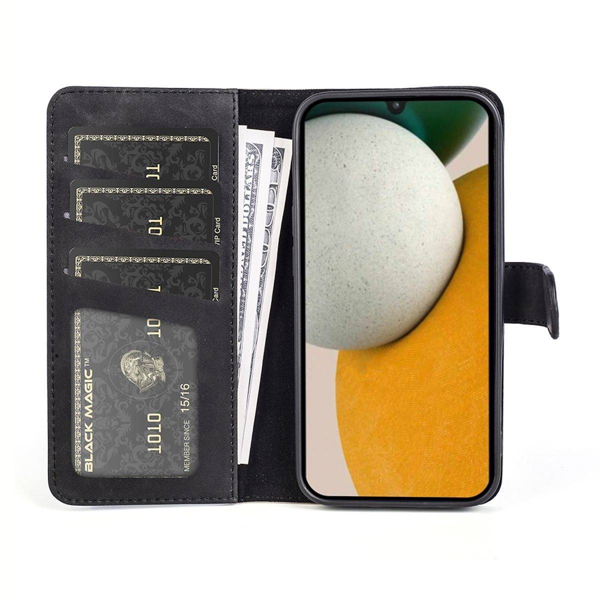Für Samsung Galaxy A15 Design Handy Tasche Wallet Schutz Hülle Schwarz