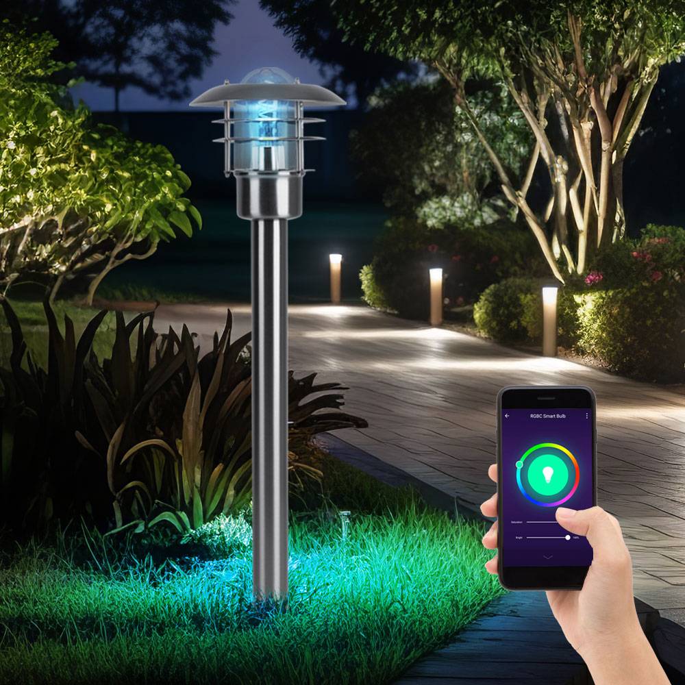 Stehleuchte Außenleuchte Garten Wegeleuchte Laterne Stehlampe, App Steuerung dimmbar, Edelstahl, Smart RGB LED 10W 806Lm, LxBxH 22x22x80 cm