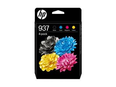 HP 937 Tintenpatronen-4er-Pack mit Farben, gekennzeichnet als Schwarz, Cyan, Magenta und Gelb, jeweils dargestellt durch eine farbenfrohe Blume.