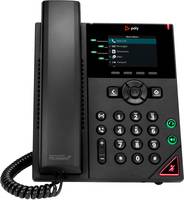 Schwarzes Poly-Schreibtischtelefon mit Handset, Tastenfeld, kleinem Display und beleuchteten Anruftasten.