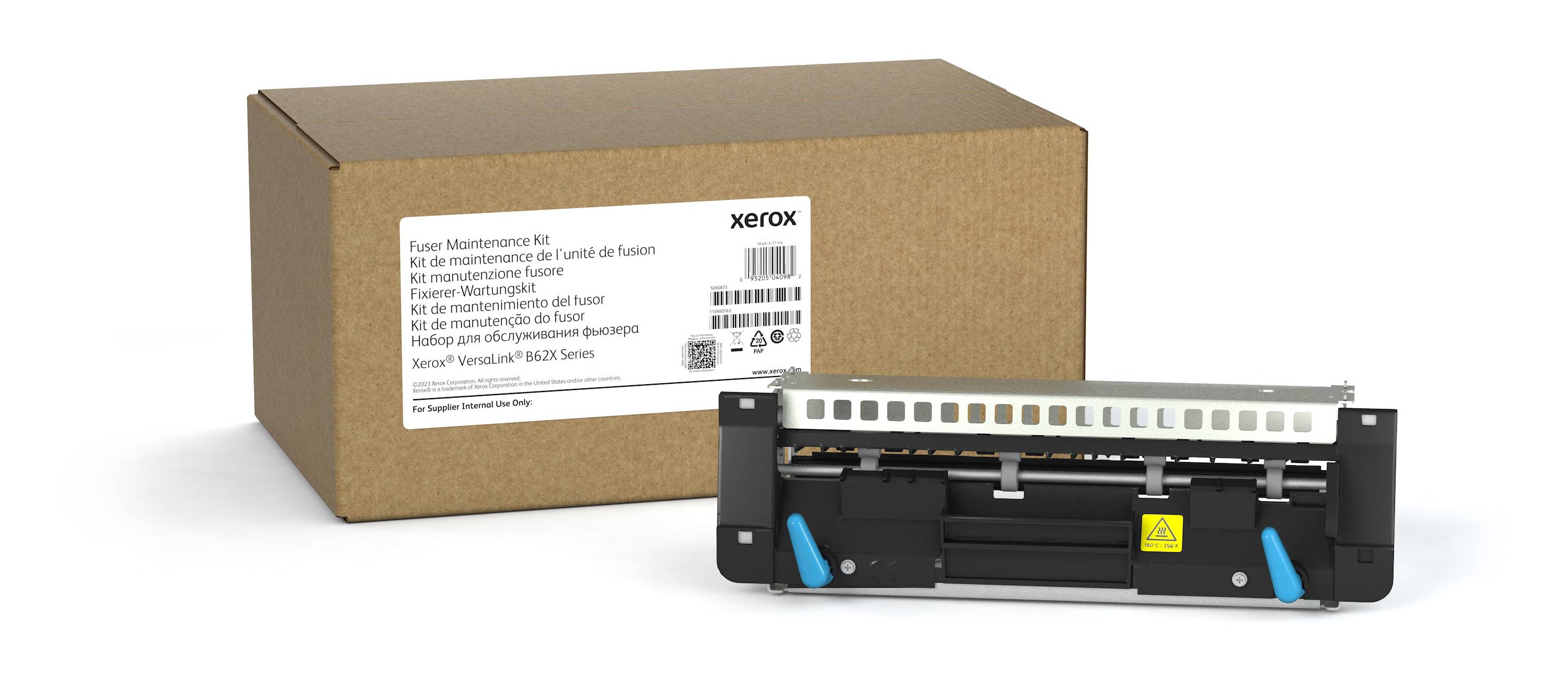 Xerox-Druckerwartungsset-Box mit austauschbarer Fixiereinheit in der Vorderansicht.