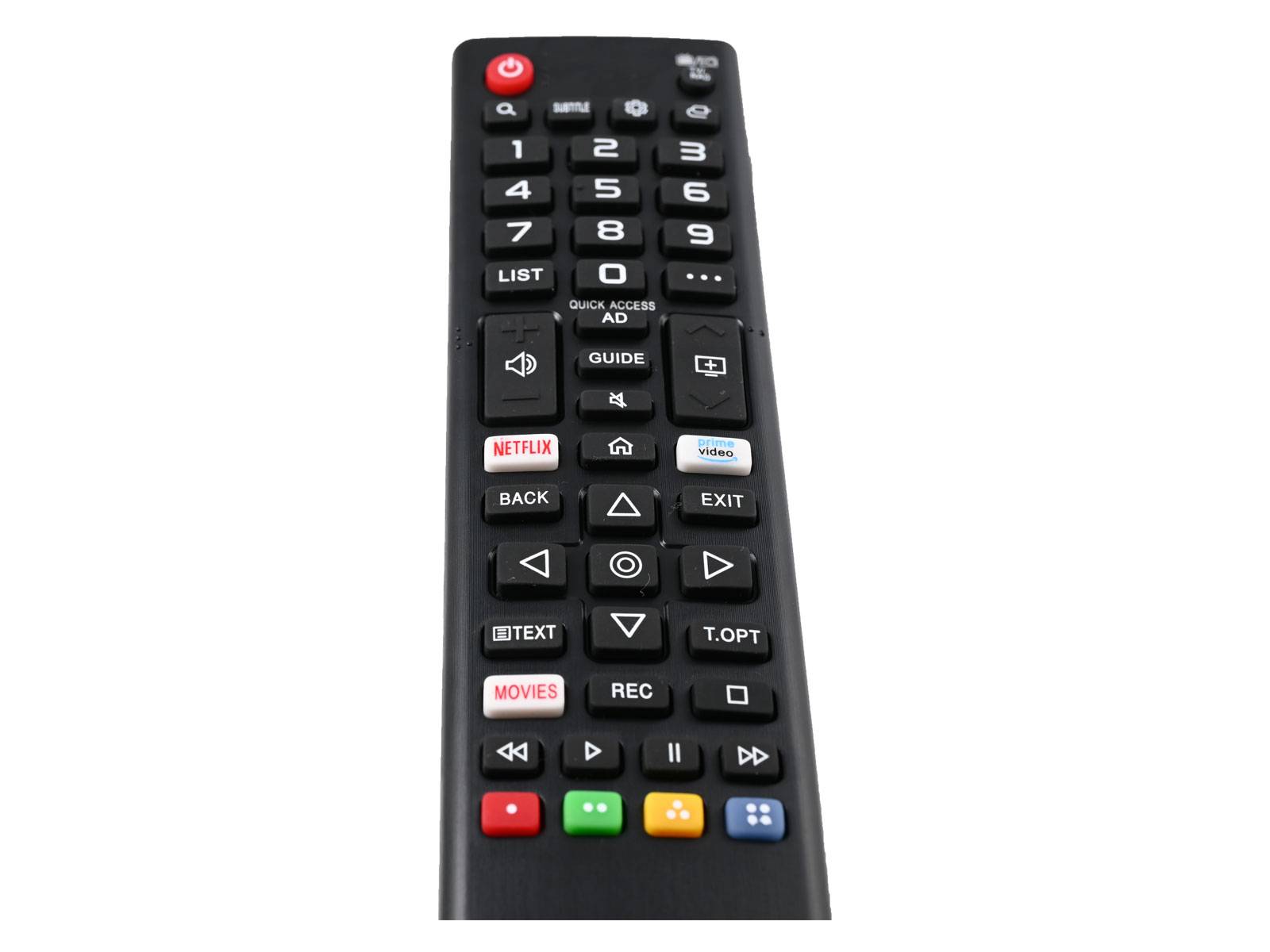 Eine schwarze Fernbedienung mit Tasten für Stromversorgung, Zahlen, Lautstärke, Kanäle, Streaming-Plattformen wie Netflix und Navigationssteuerung.