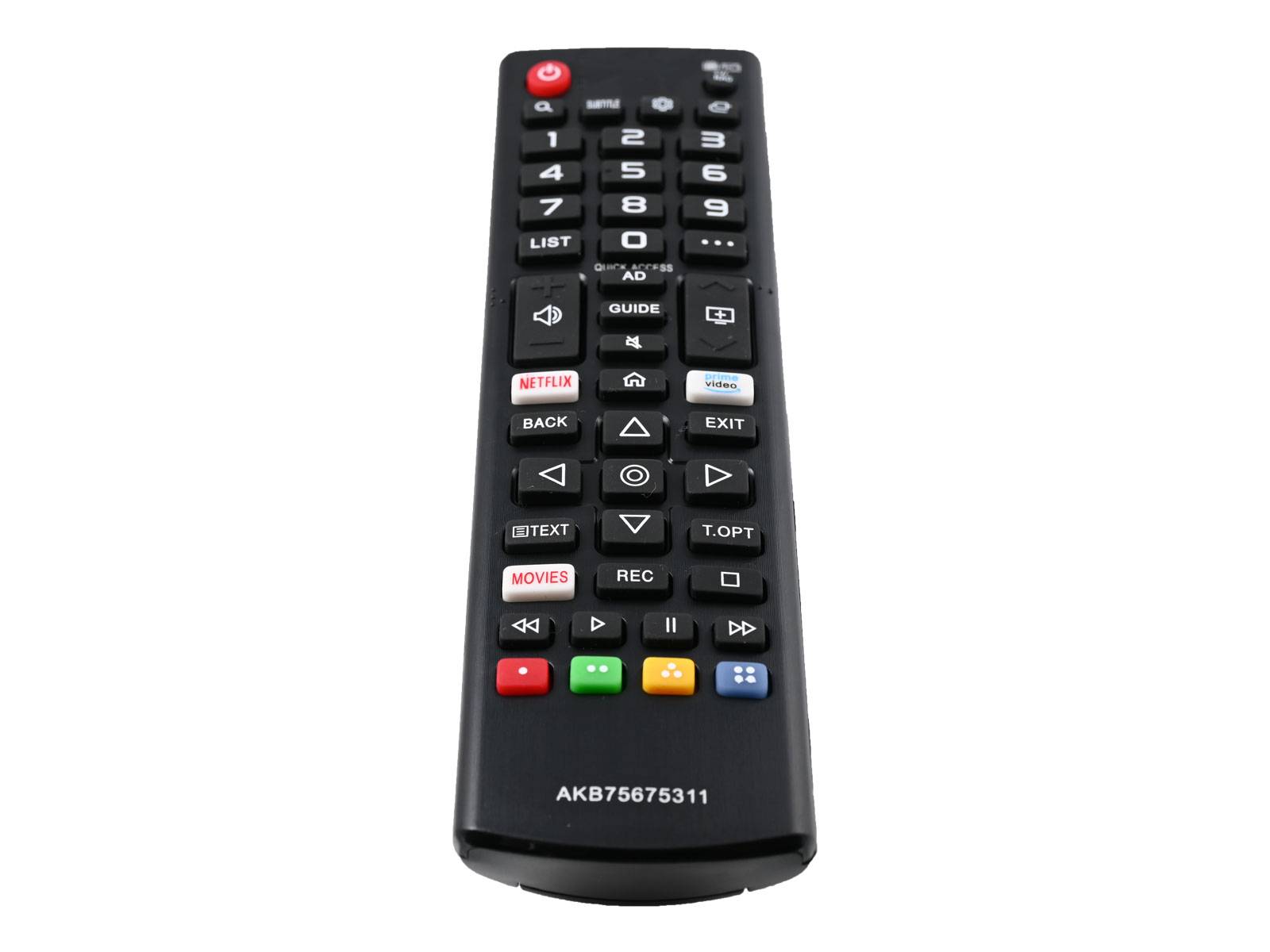 Eine schwarze Fernbedienung für den Fernseher mit Nummernfeld, Lautstärke- und Kanalschaltern sowie speziellen Tasten für Streaming-Dienste wie Netflix.