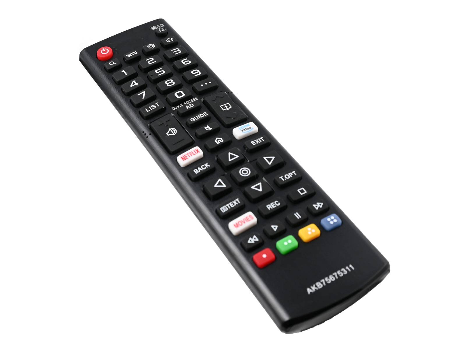 Eine schwarze Fernbedienung für Fernsehgeräte mit verschiedenen Tasten für Funktionen wie Ein-/Ausschalten, Lautstärke, Kanalnavigation und Streaming-Dienste.