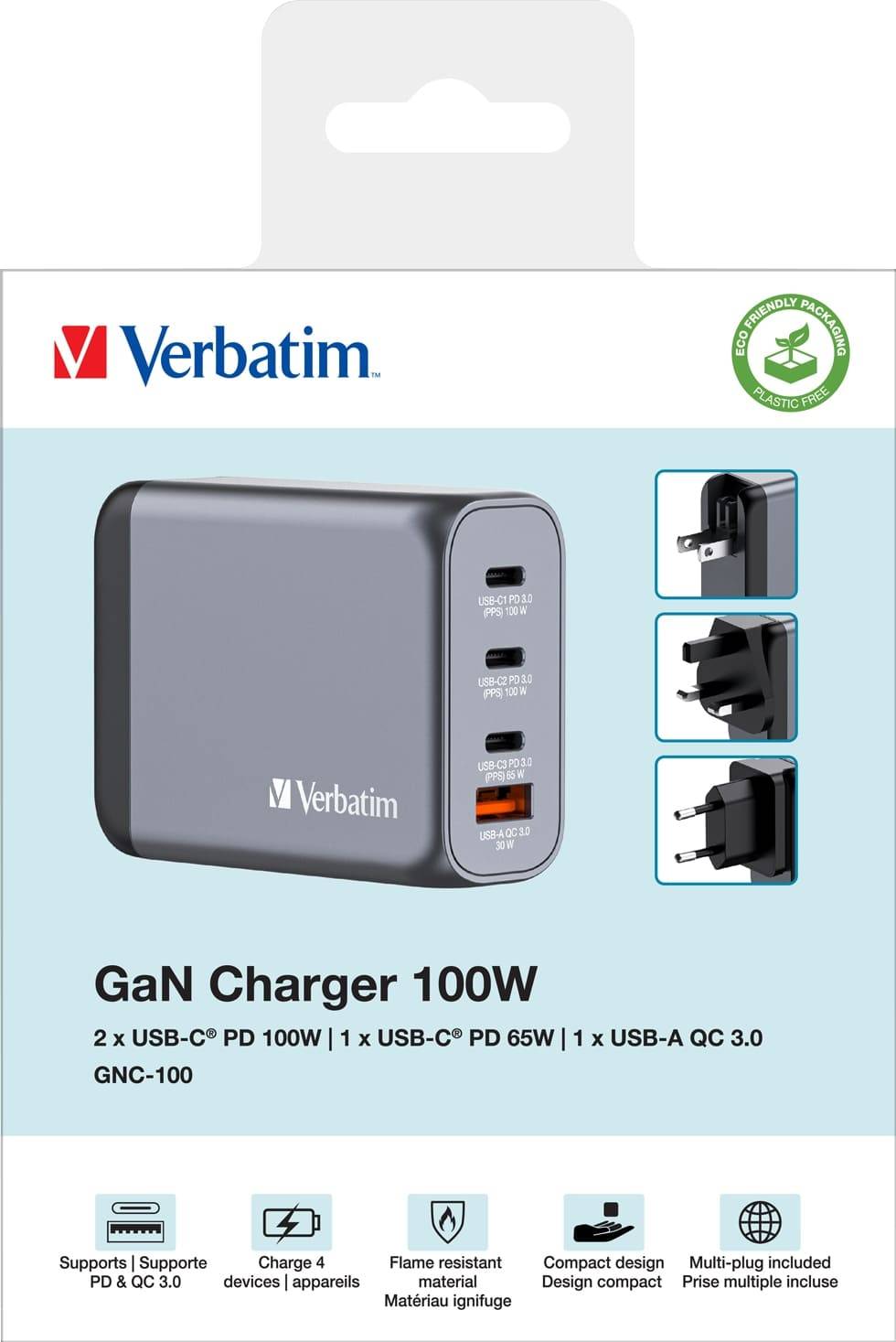 Verbatim GaN Charger 100 W, 4 Ports USB-C Ladegerät, Power Adapter mit 3 x USB-C und 1 x USB-A, Schnellladegerät