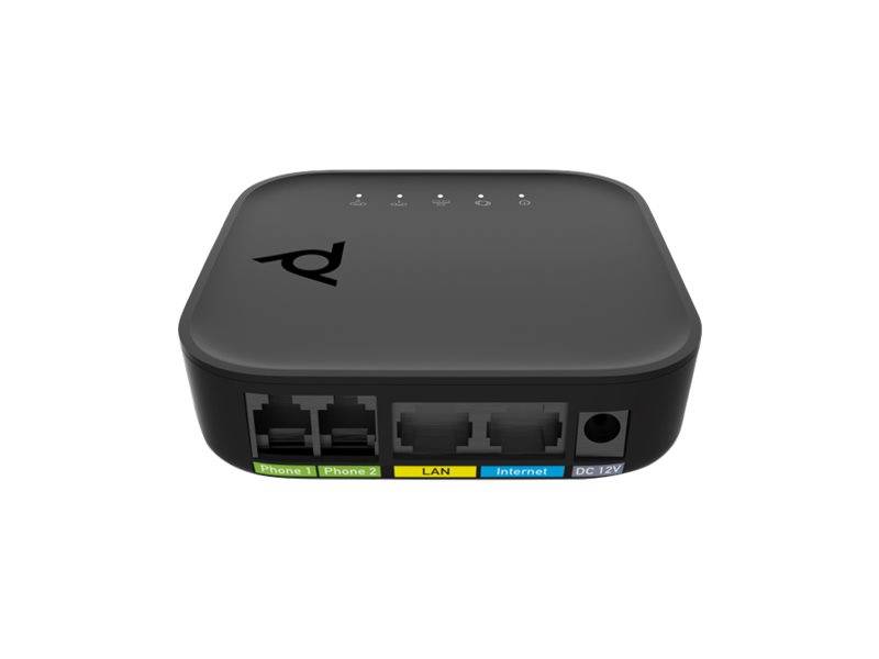 Schwarzer Router mit vier Anschlüssen, beschriftet mit: Telefon 1, Telefon 2, LAN, Internet und einem DC 12V Stromanschluss. Vier Statusleuchten an der Oberseite.