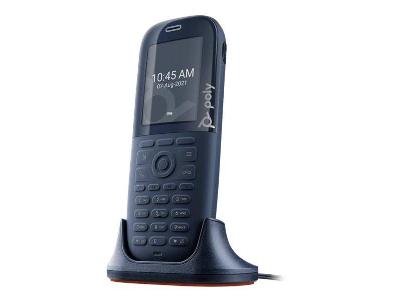 Poly schnurloses Tischtelefon steht in einer Ladeschale und zeigt 10:45 Uhr sowie das Datum 07-Aug-2021 auf dem Bildschirm.