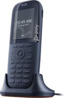 Ein marineblaues schnurloses Telefonhandgerät sitzt aufrecht in seiner Ladestation und zeigt auf dem Display die Uhrzeit 10:45 Uhr an.