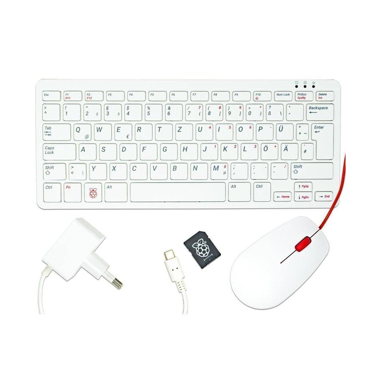 Weiße Tastatur, Maus, Netzteil und Micro-SD-Karte. Die Tastatur enthält ein Raspberry Pi-Logo.