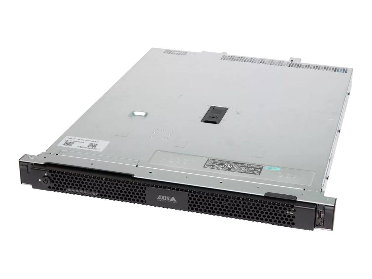 Vorderansicht eines in ein Regal eingebauten Axis-Netzwerk-Videoservers mit einem perforierten schwarzen Gitter und silbernem Metallrahmen auf weißem Hintergrund