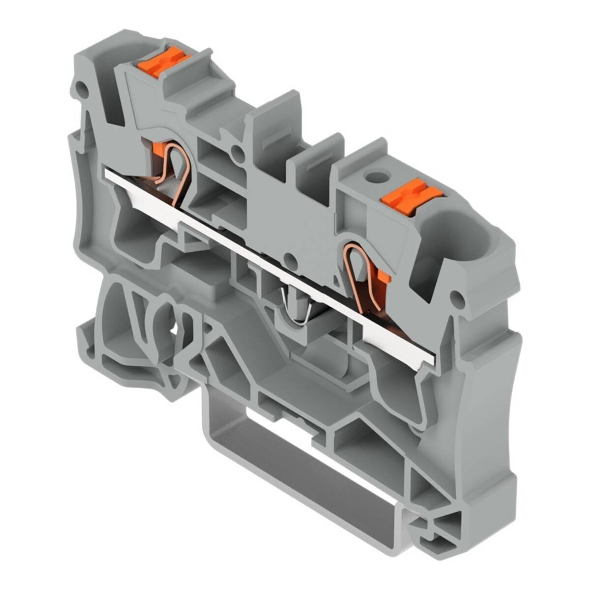 Ein grauer elektrischer Anschlussklemmenblock mit orangefarbenen Anschlüssen, der seinen Drahtklemmmechanismus und die Struktur zur Befestigung von elektrischen Leitungen zeigt.