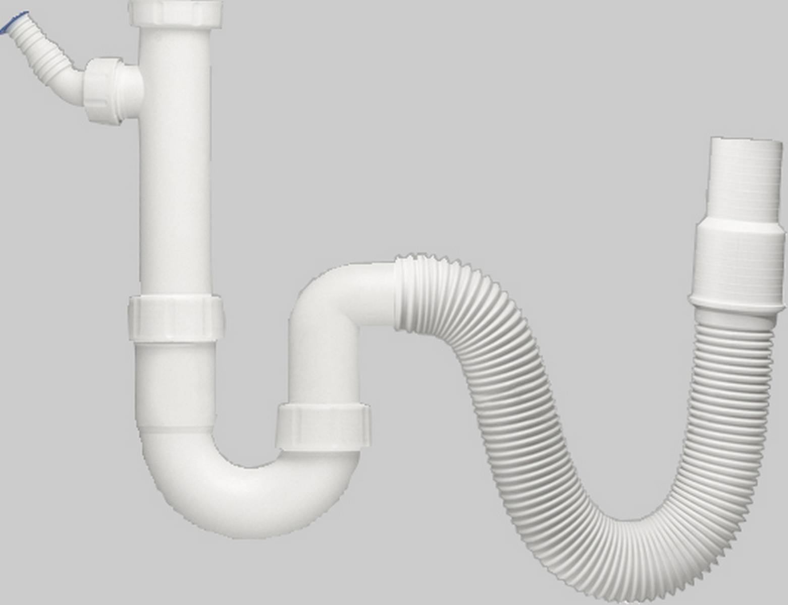 Weißer Kunststoff-Spülbeckenablauf und gewellter Schlauch mit U-förmigem Siphon vor grauem Hintergrund.