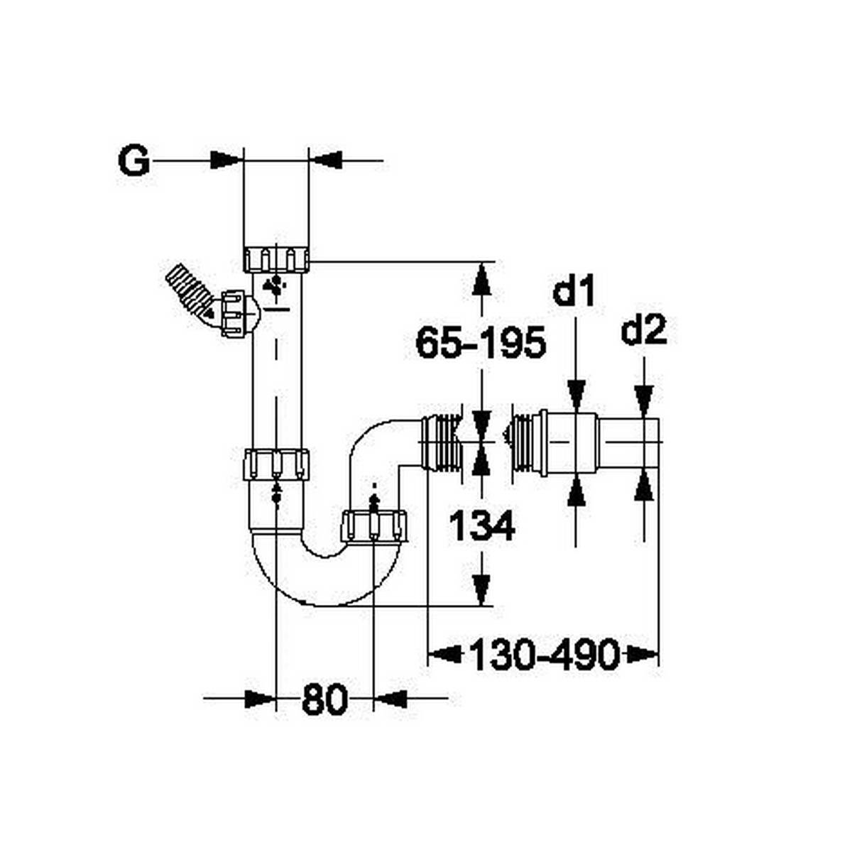 Technisches Sanitärinstallationsschema eines Rohrsiphons mit verstellbaren Abmessungen mit den Beschriftungen G, d1, d2, 65-195, 134, 130-490 und 80.