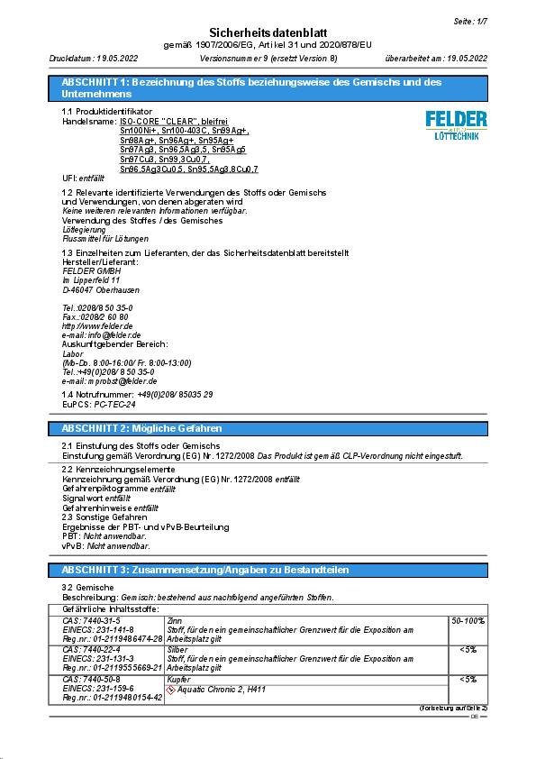 Lötdraht ISO-Core® Clear 1mm 100g Sn100Ni+ FELDER