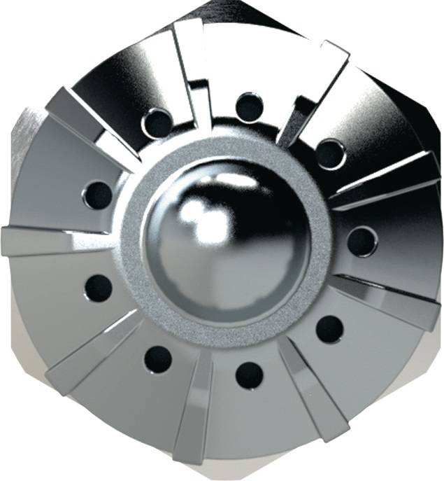 Ein glänzendes, metallisches Kreislaufbauteil mit einer zentralen Kugel und mehreren umgebenden Rillen, das wie eine futuristische mechanische Komponente aussieht.