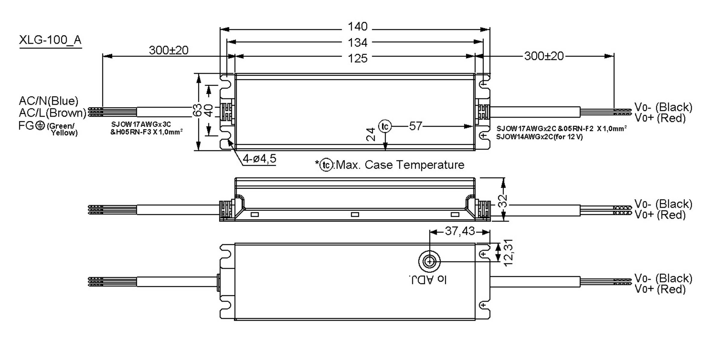 Technische Zeichnung des XLG-100 A LED-Treibers mit Abmessungen, Befestigungslöchern, Kabelanschlüssen und Drahtfarben für AC-Eingang und Vo+ / Vo- Ausgang.