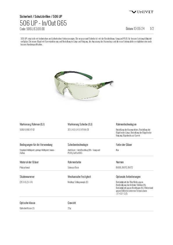 Schutzbrille 506UP EN166,EN170,EN172 Scheibe In/Out G65 PC UNIVET