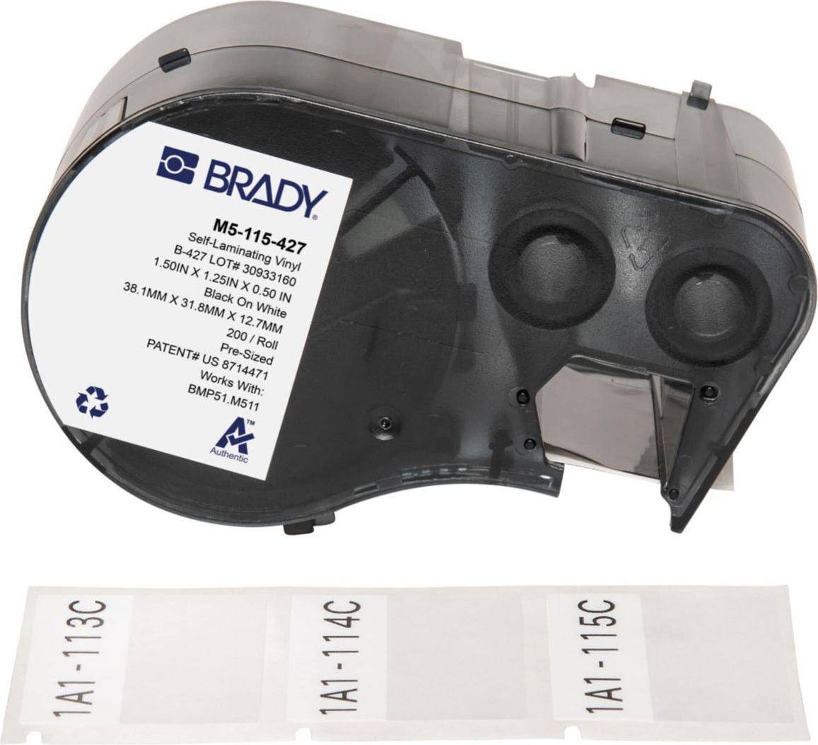 Brady, M5-115-427, selbstlaminierendes Vinyl, Schwarz auf weiß/Transparent, 38.10 x 12.70(31.75) mm, permanent, für