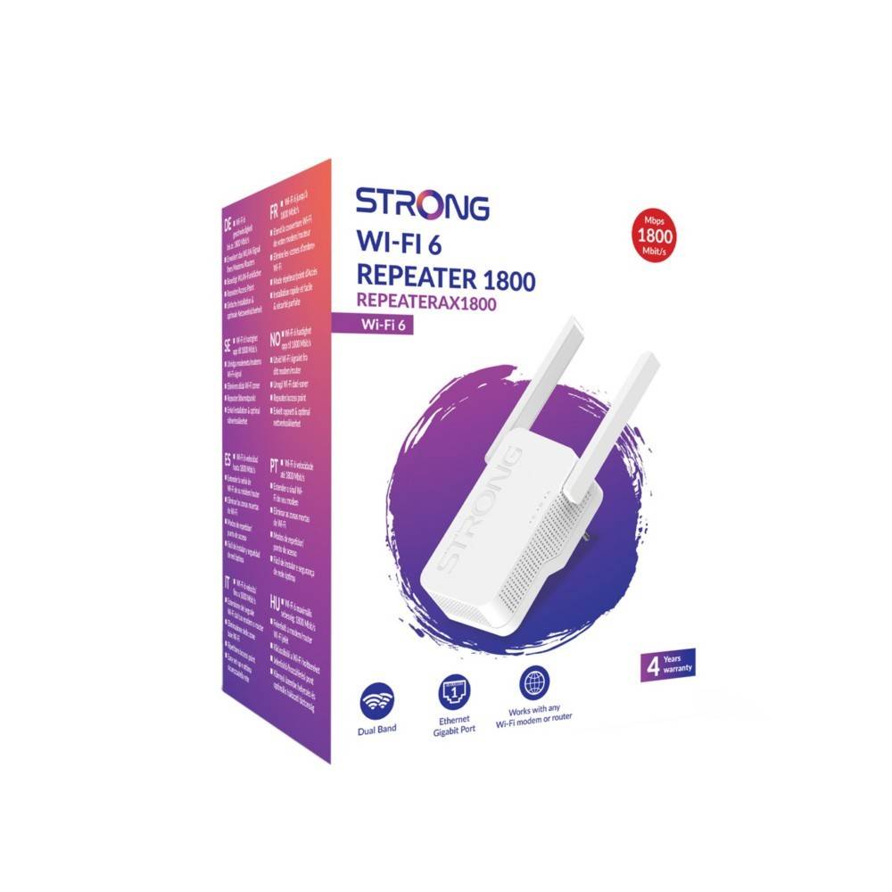 Wi-Fi 6 Repeater 1800 von Strong, mit Dual-Band, Ethernet-Ports und 4 Jahren Garantie. Entwickelt, um die WLAN-Abdeckung in Haushalten zu verbessern.