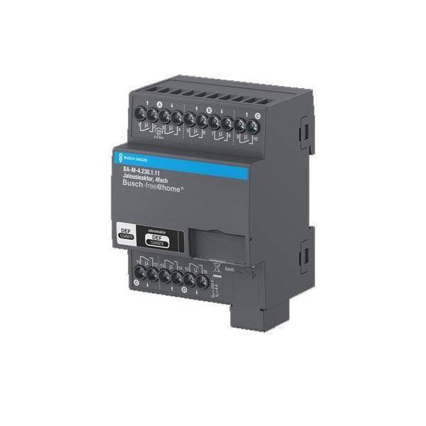 Ein elektrisches Gerät mit der Bezeichnung 'Busch-free@home', das mehrere Anschlüsse und Tasten aufweist und für Smart-Home-Automatisierungssysteme entwickelt wurde.