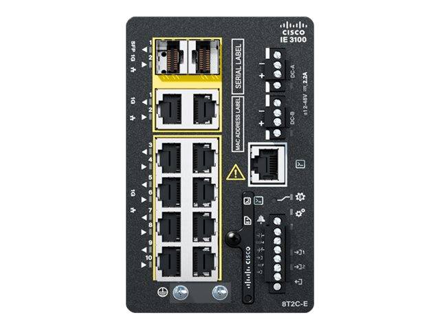 Vorderansicht eines Cisco IE 3100 Industrial-Ethernet-Switches mit mehreren RJ45-Anschlüssen, zwei Glasfaser-Uplink-Ports, serieller Konsole und DC-Stromversorgungsklemmen.