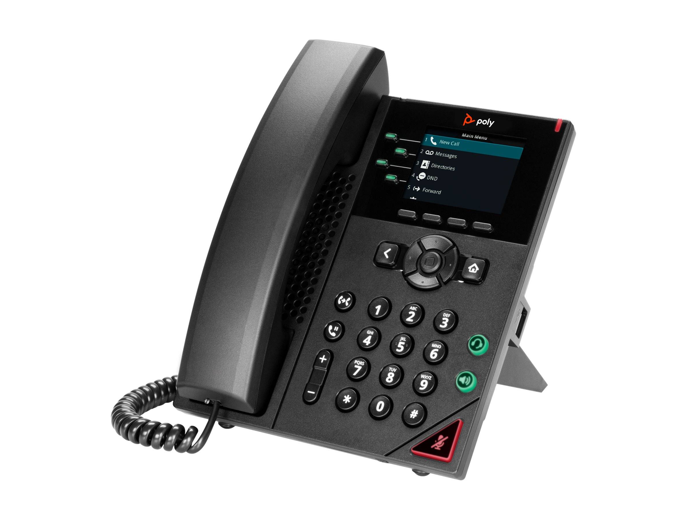 Ein Schreibtischtelefon mit einem digitalen Display, das Optionen anzeigt: „Nicht stören