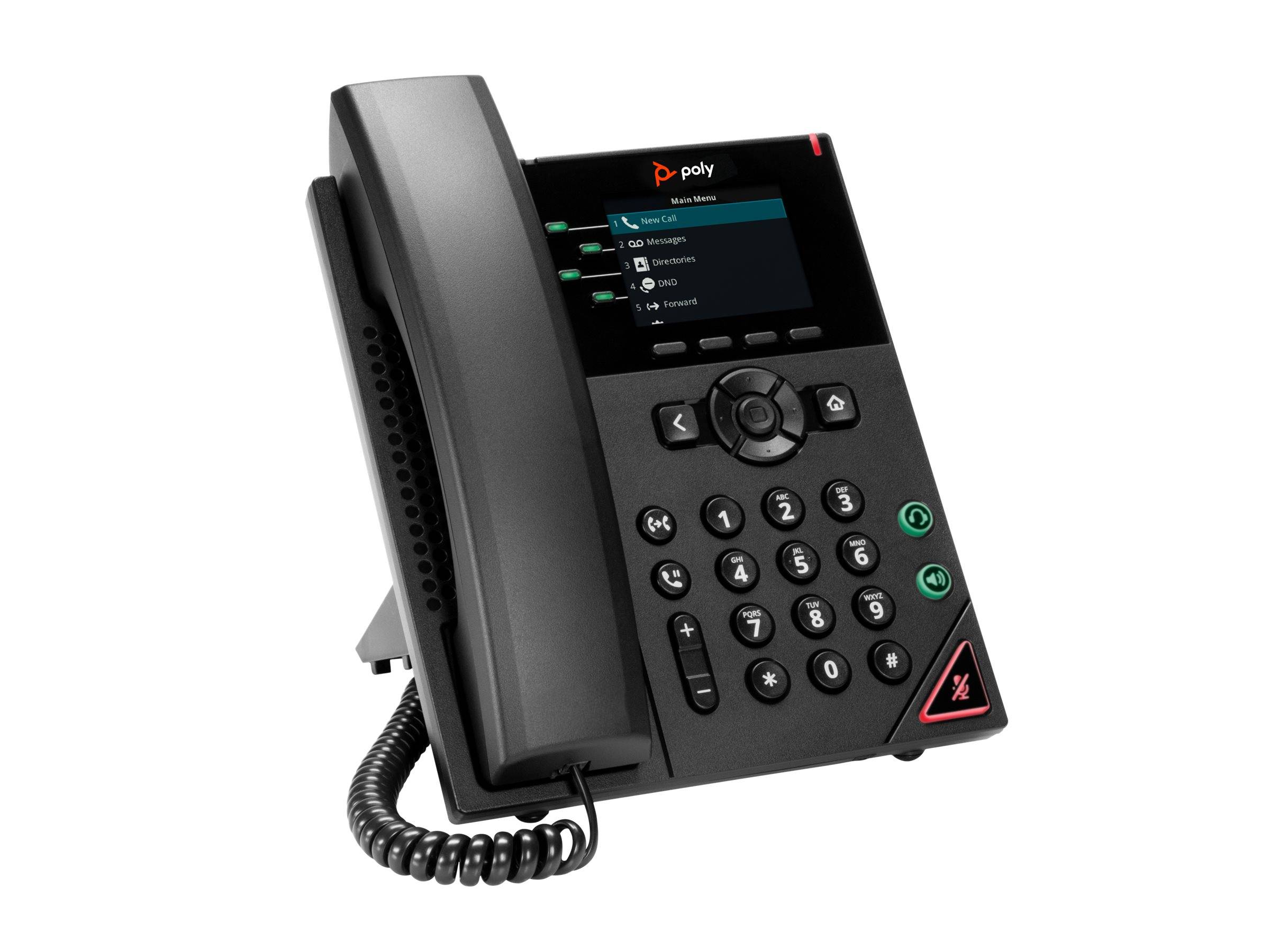 Ein schwarzes Bürotischtelefon mit einem kleinen Bildschirm, der ein Menü anzeigt. Das Telefon hat eine Tastatur, Navigationstasten und eine spiralförmige Schnur.