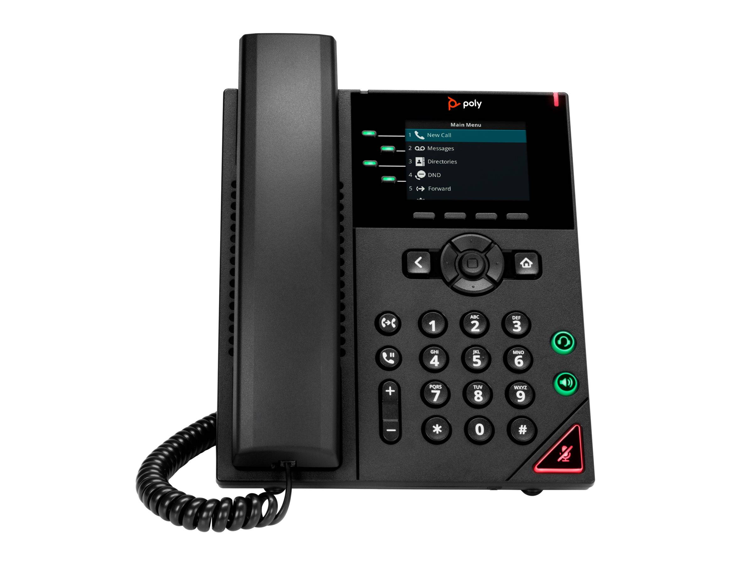 Ein modernes Bürotelefon mit Displaybildschirm, auf dem Menüoptionen wie Neuer Anruf, Nachrichten, Verzeichnisse, Nicht stören und Weiterleitung angezeigt werden.