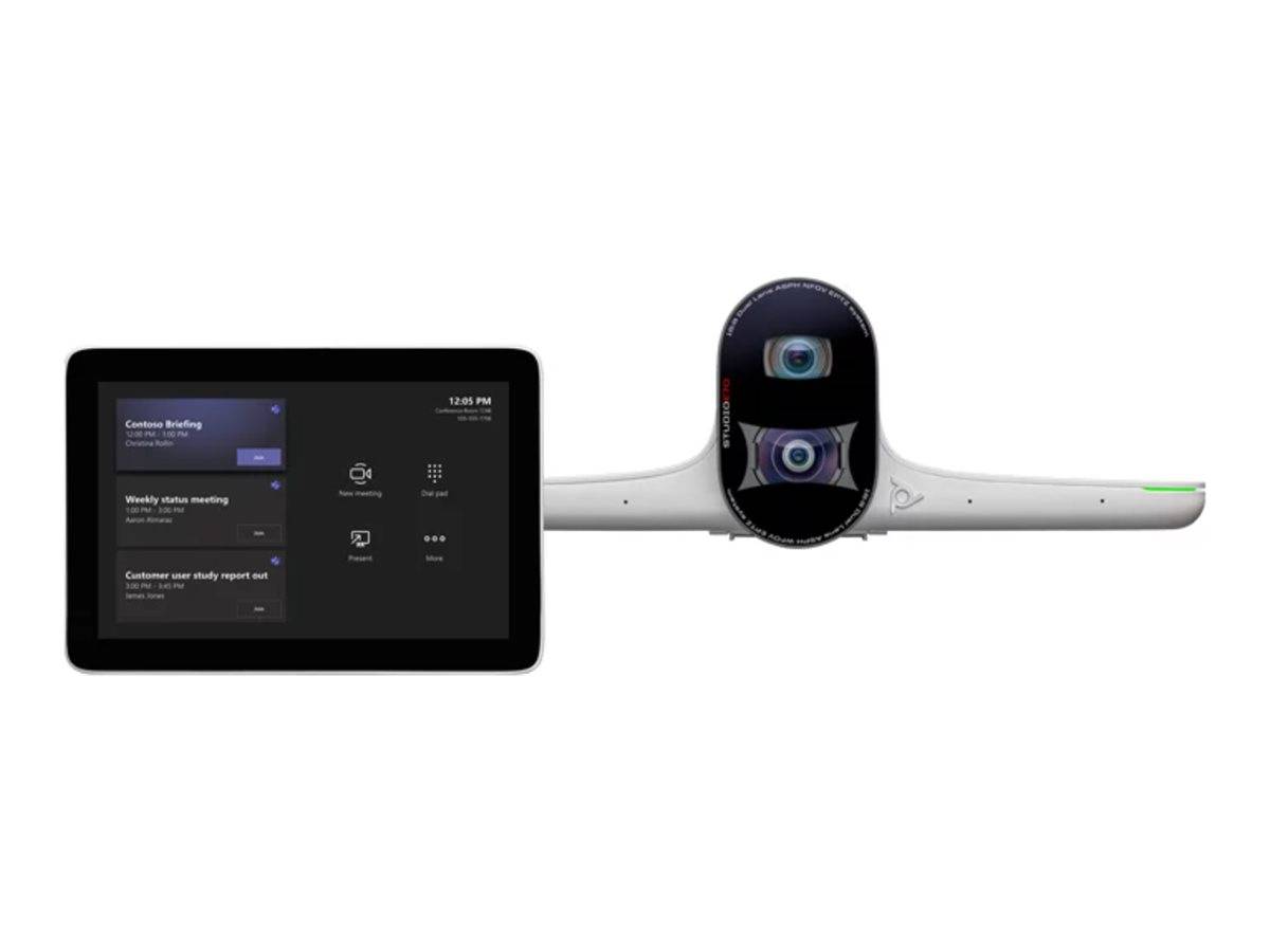 Videokonferenzgerät mit Tablet-Steuerbildschirm und Dual-Kamera-Leiste auf weißem Hintergrund.