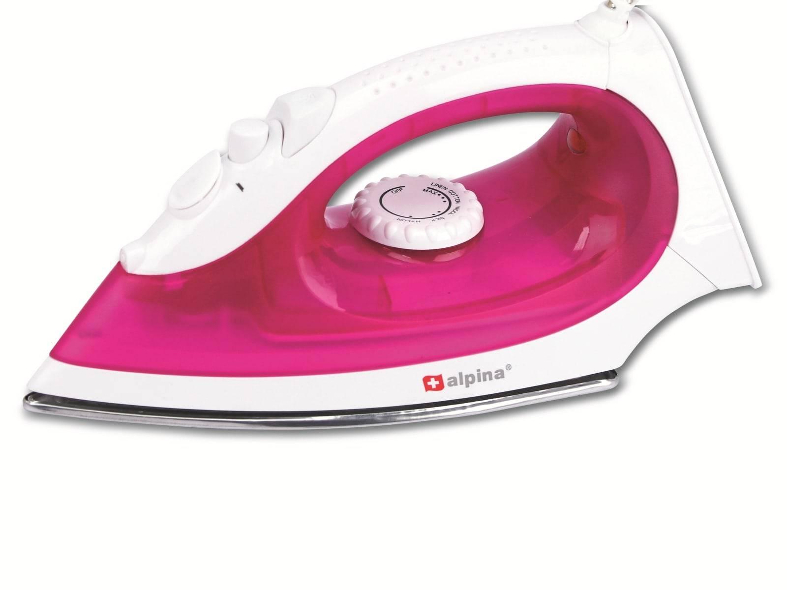 Ein weiß-rosa farbiges elektrisches Bügeleisen mit einem Temperaturregler und Dampfkontrolltasten oben.