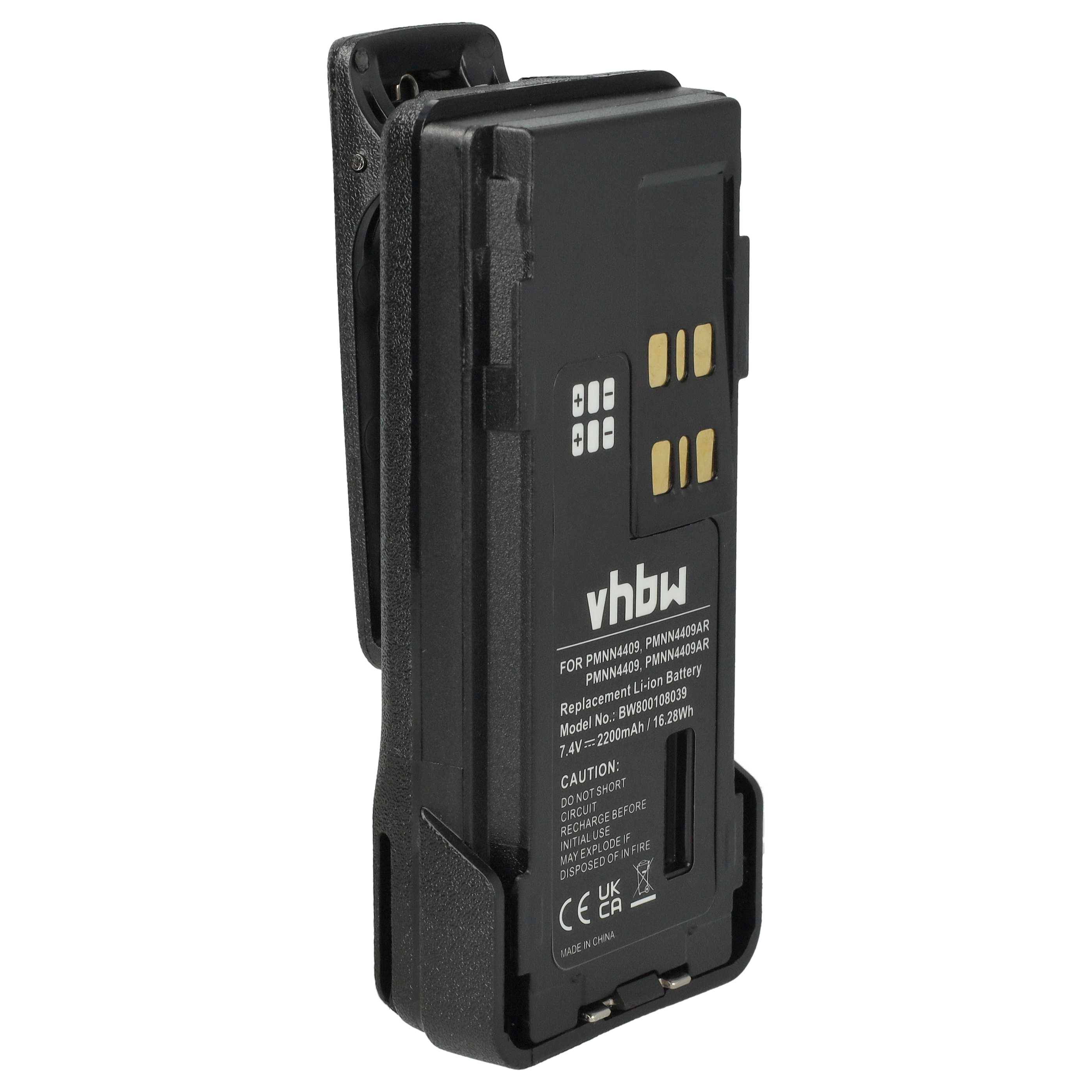 Eine schwarze vhbw wiederaufladbare Batterie mit einem Clip, gekennzeichnet zur Verwendung mit Motorola, mit sichtbaren Anschlussbolzen und Warnhinweisen.