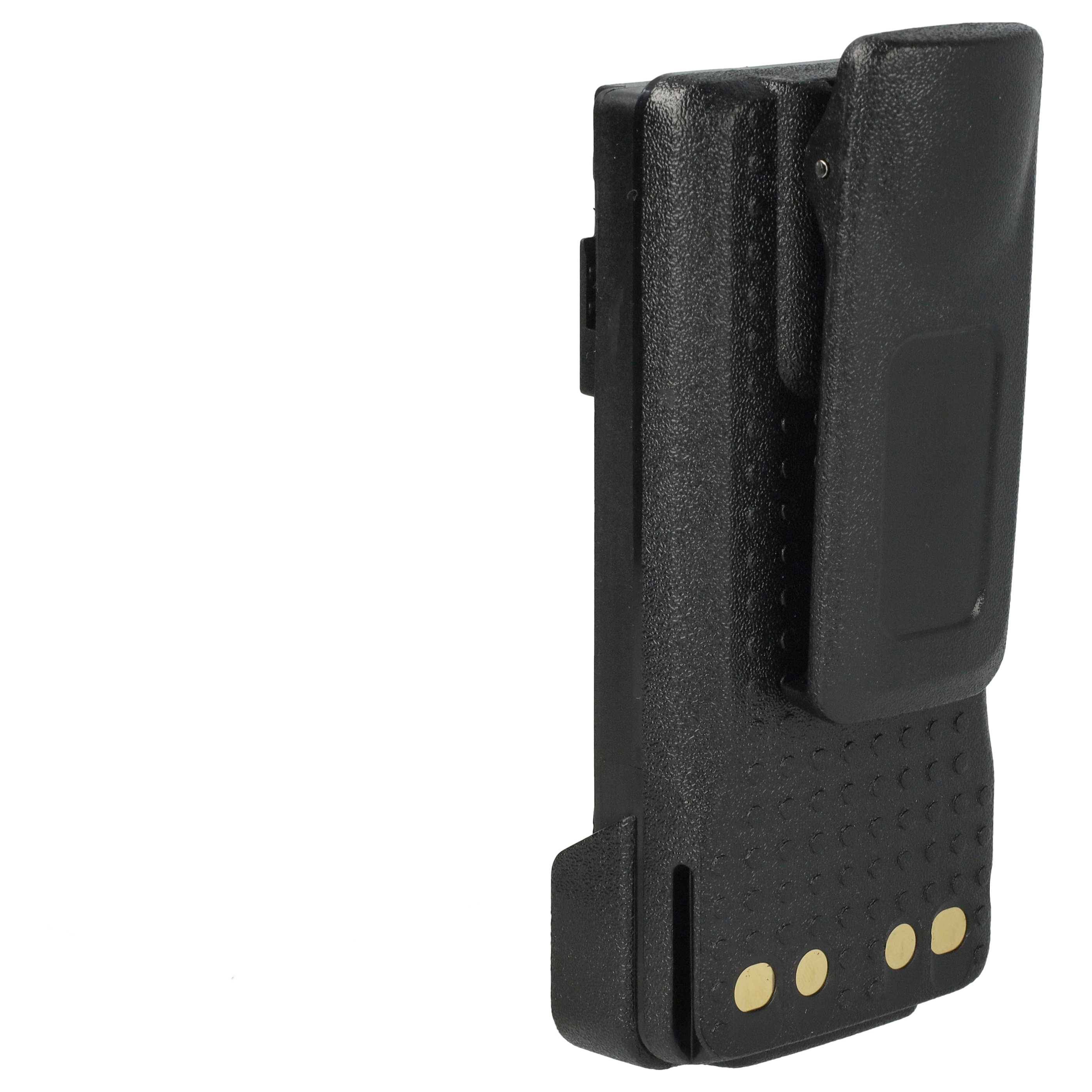 Eine schwarze Radiobatterieklammer mit strukturierter Oberfläche und drei goldenen Kontaktpunkten, die zum sicheren Anbringen und Aufladen der Batterie verwendet wird.