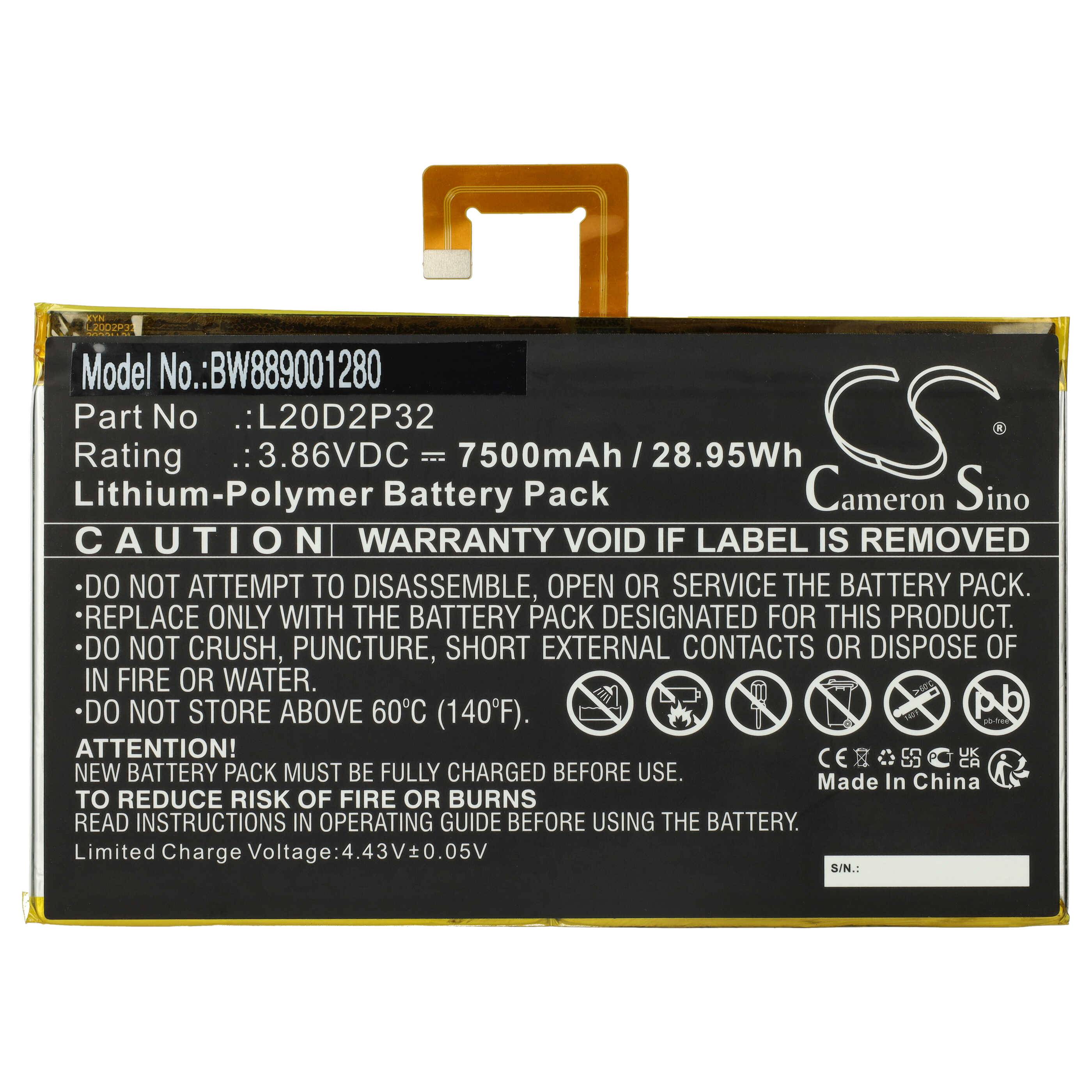 vhbw Akku kompatibel mit Lenovo TB-J607Z, TB-J606F, TAB P11 5G, TAB P11 Tablet Pad (7500 mAh, 3,86 V, Li-Polymer)