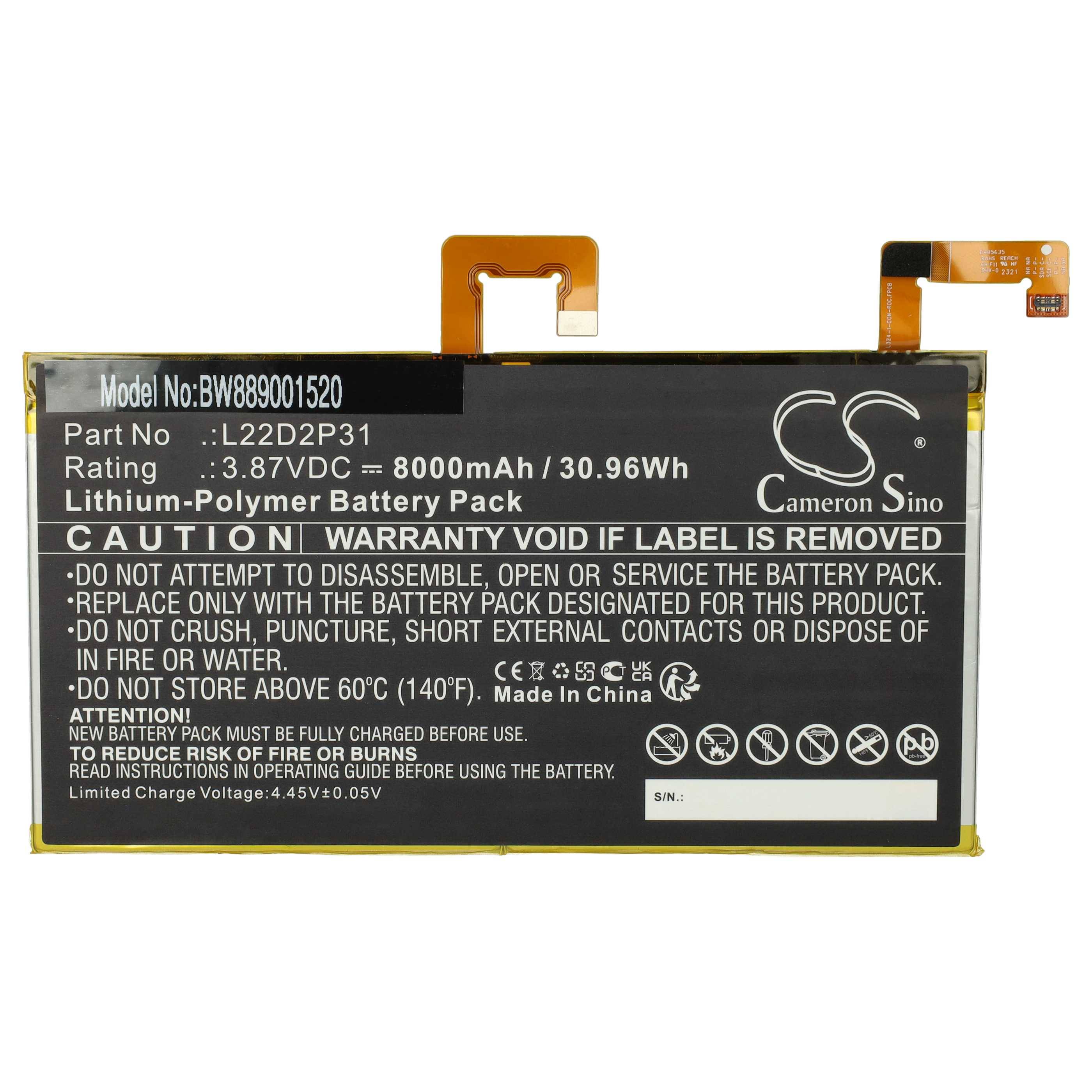 Lithium-Polymer-Akku, Modell BW889001520, 8000mAh. Warnung: Nicht zerlegen oder durchstechen. Unter 60°C lagern, vor Gebrauch aufladen. Hergestellt in China.