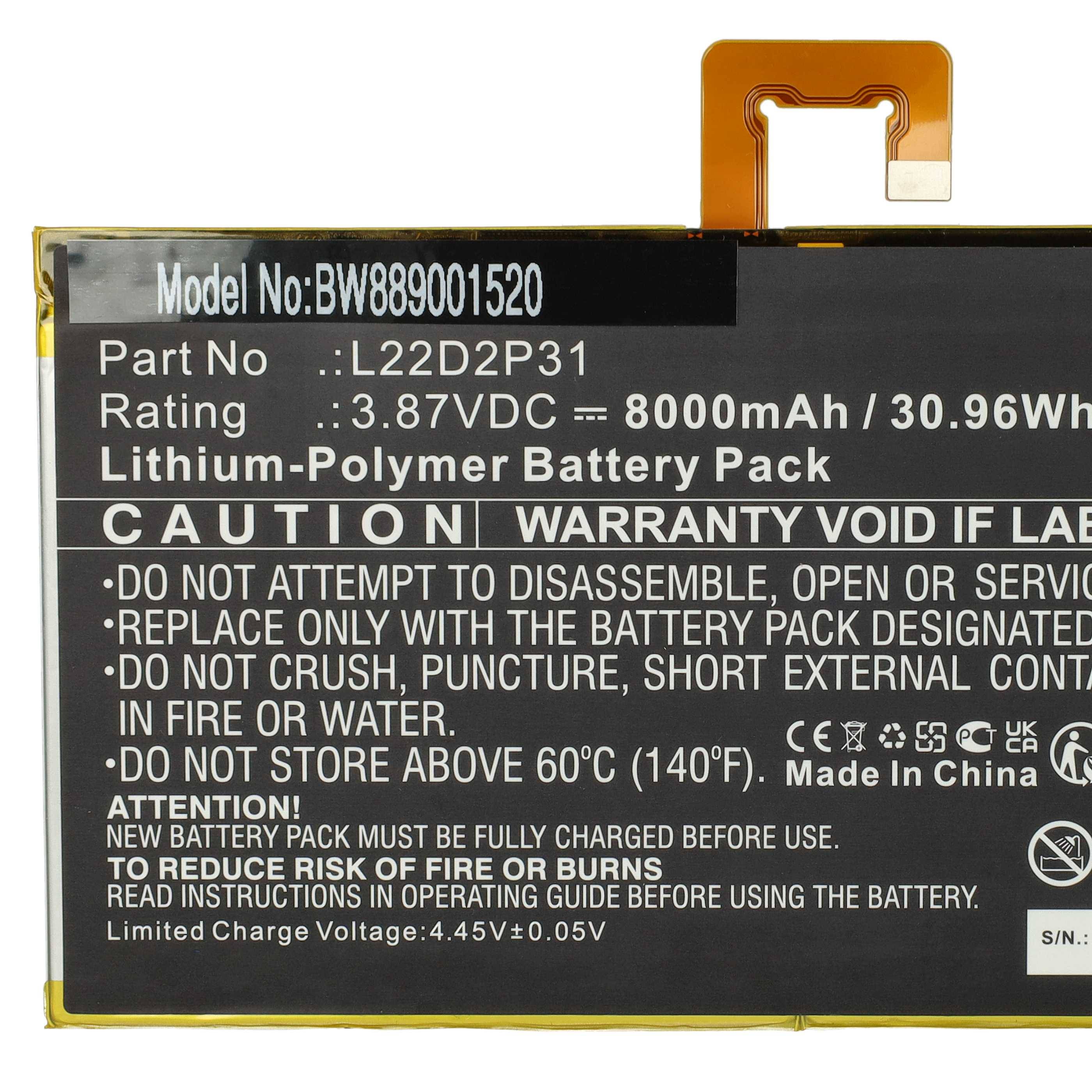 vhbw 1x Akku Ersatz für Lenovo L22D2P31 für Tablet Pad (8000 mAh, 3,87 V, Li-Polymer)