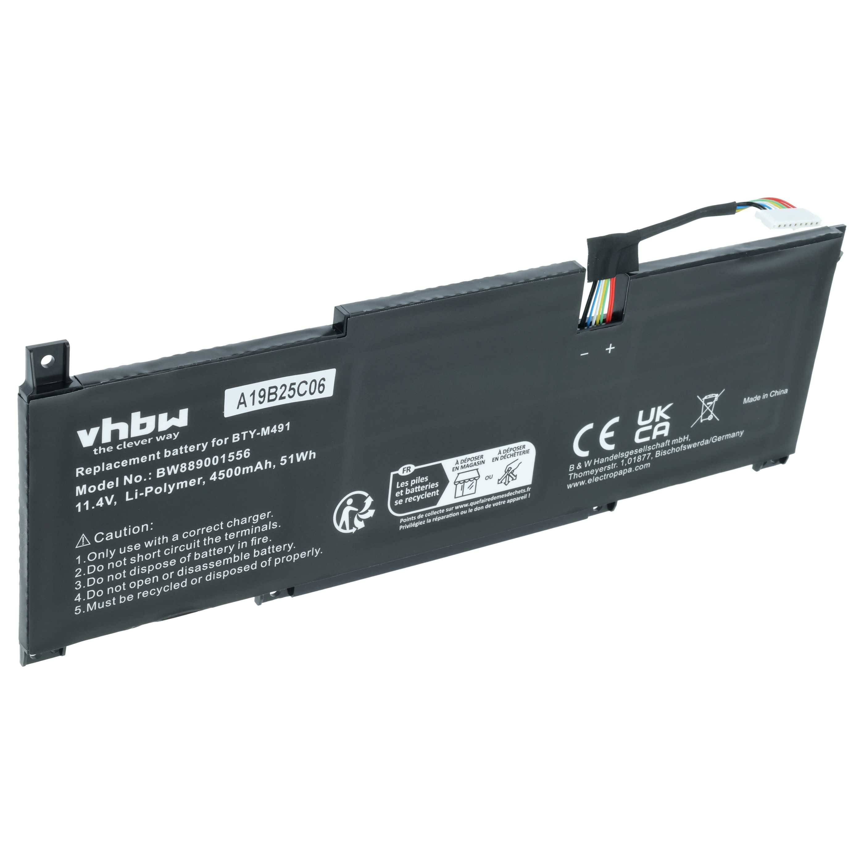 vhbw Akku kompatibel mit MSI Modern 15 A10M-251XFR, A10M-233AU, A10M-222PL, A10M-215XFR Notebook (4500 mAh, 11,4 V, Li-Polymer)