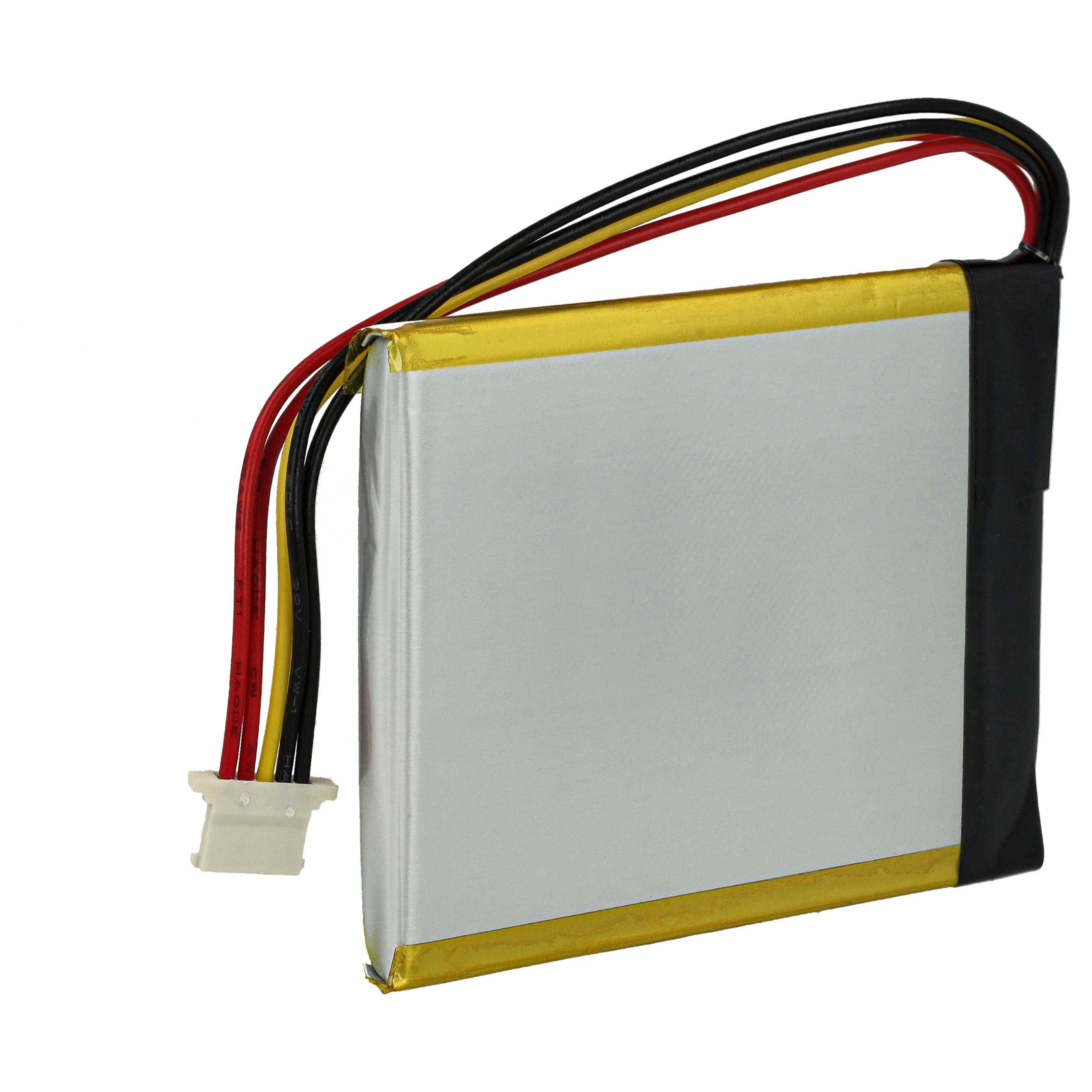 Ein rechteckiger Lithium-Polymer-Akku mit roten, schwarzen und gelben Kabeln, die von oben herausragen, der in elektronischen Geräten verwendet wird.