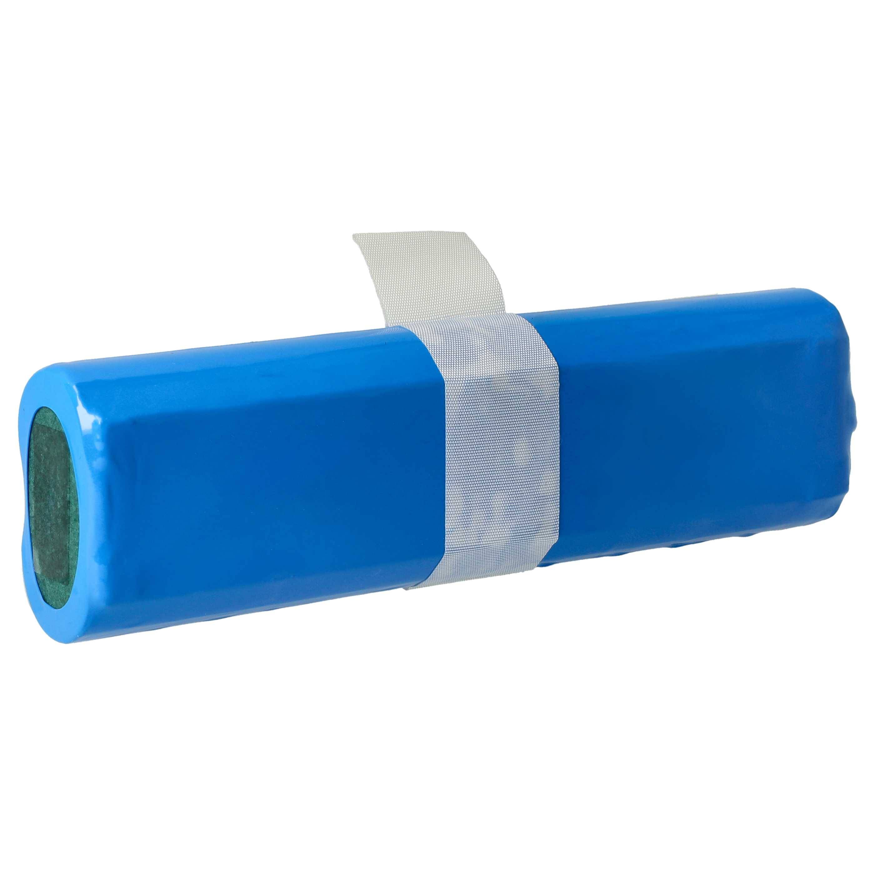 Ein blauer zylindrischer Batteriepack mit einem weißen Band in der Mitte, von der Seite betrachtet.