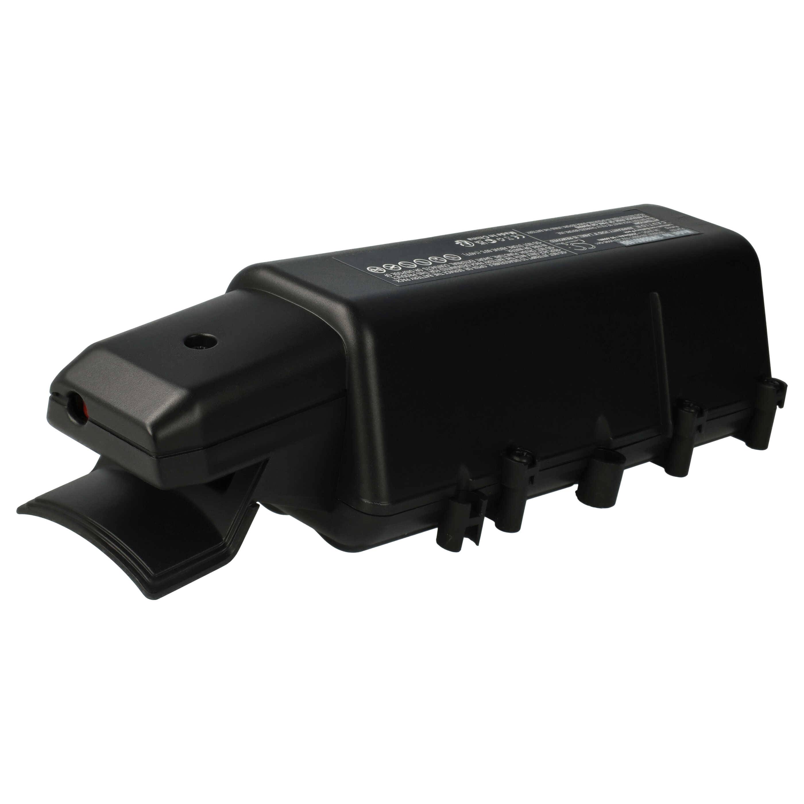 Ein schwarzes elektronisches Gerät mit rechteckiger Form, das mehrere Anschlüsse und ein Etikett mit technischen Spezifikationen auf der Oberseite aufweist.