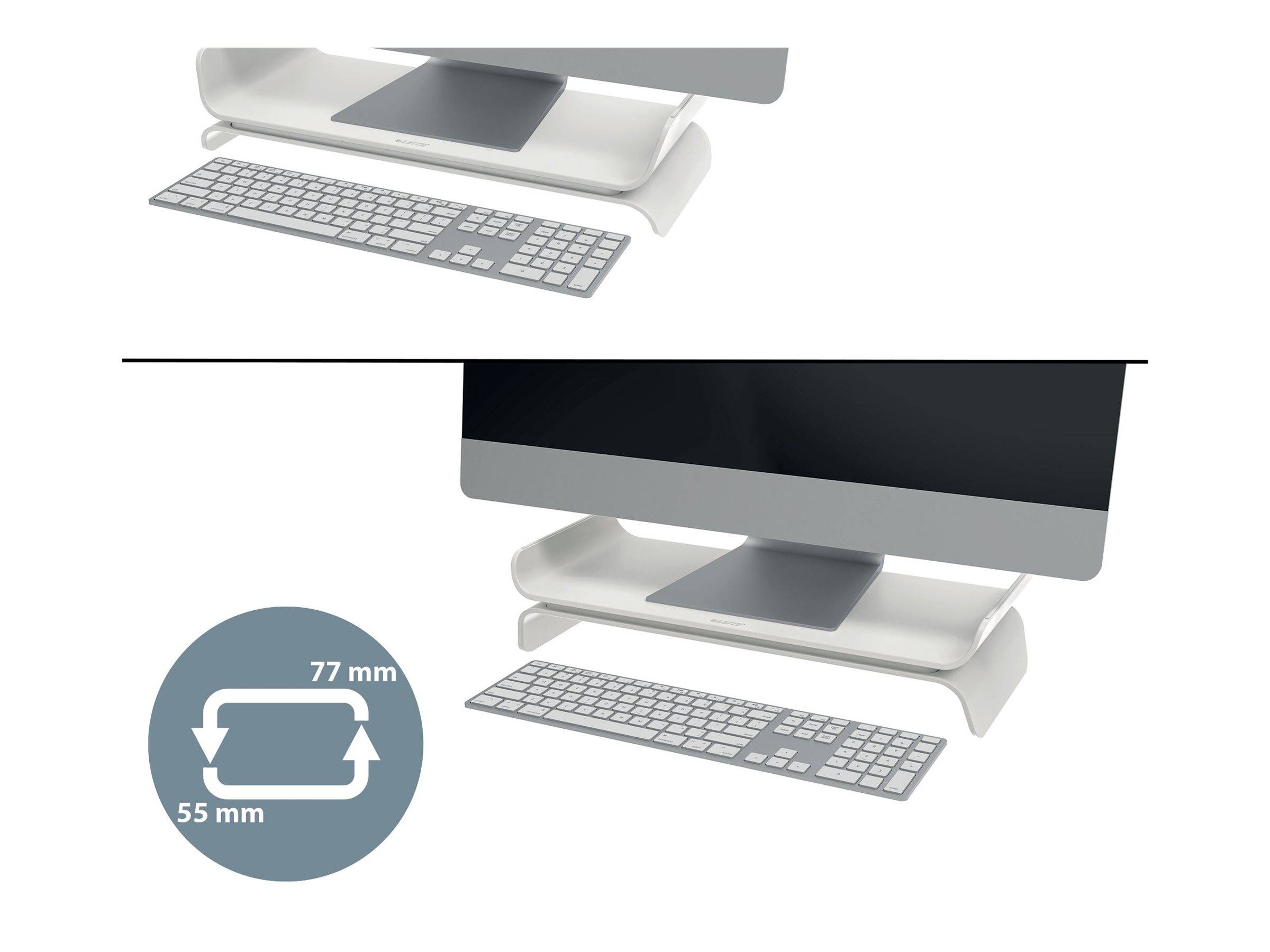 Diagramm, das ein iMac-ähnliches Monitor-Ständer-Design mit Tastaturfreiraum zeigt, mit beschrifteten Abmessungen von 77 mm Breite und 55 mm Höhe.