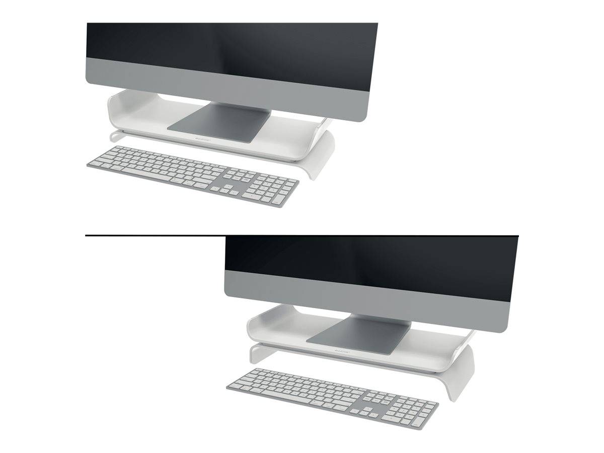 Zwei Ansichten eines eleganten Desktop-All-in-One-Computers mit angeschlossener Tastatur auf weißem Hintergrund.