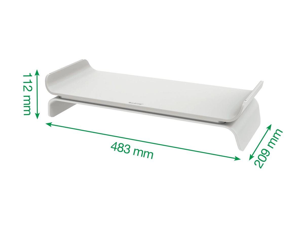 Weißer geschwungener Schreibtischständer mit Abmessungen: 483 mm lang, 209 mm tief und 112 mm hoch.