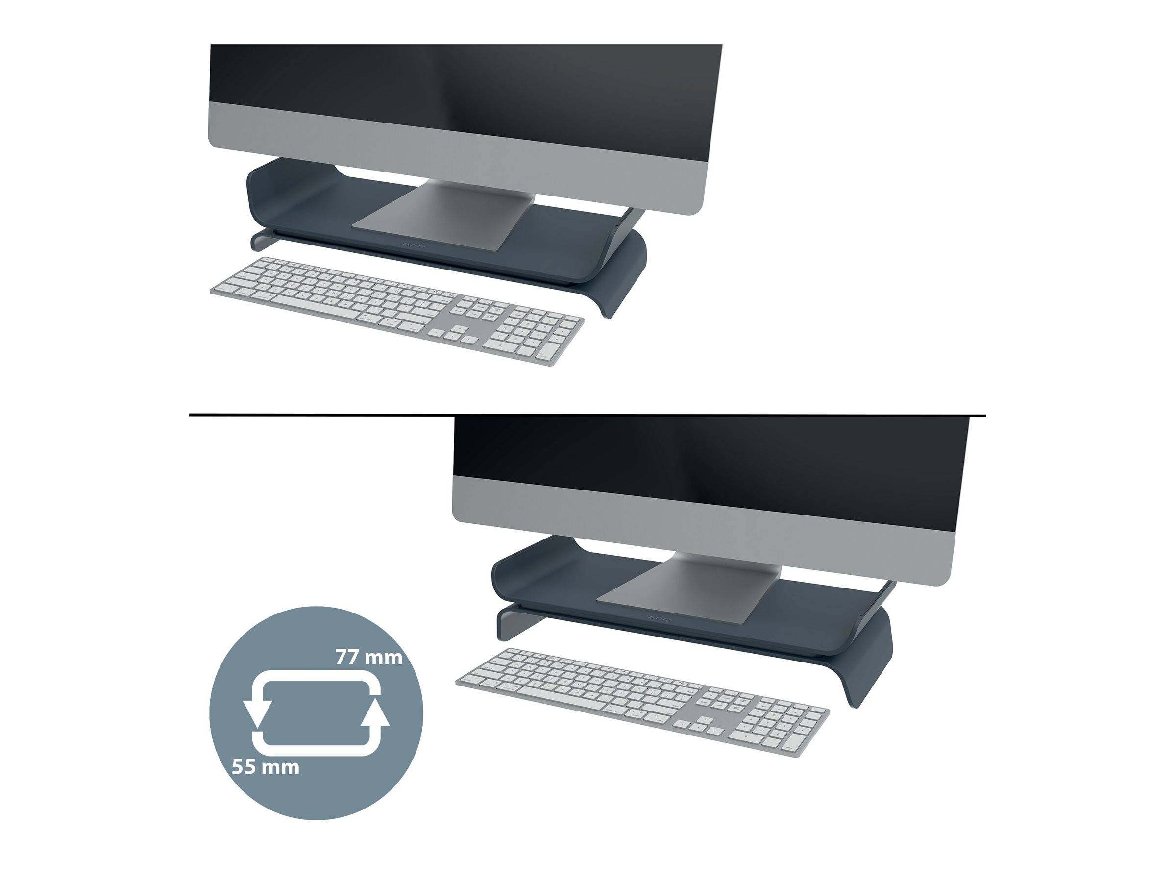 Verstellbarer Monitorständer, dargestellt in zwei Positionen, mit einem angegebenen Höhenverstellbereich von 77 mm mal 55 mm.
