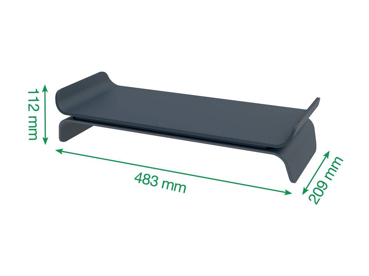 Dunkelgraues geschwungenes Tablett oder Regal mit den Produktmaßen: 483 mm lang, 209 mm tief und 112 mm hoch.