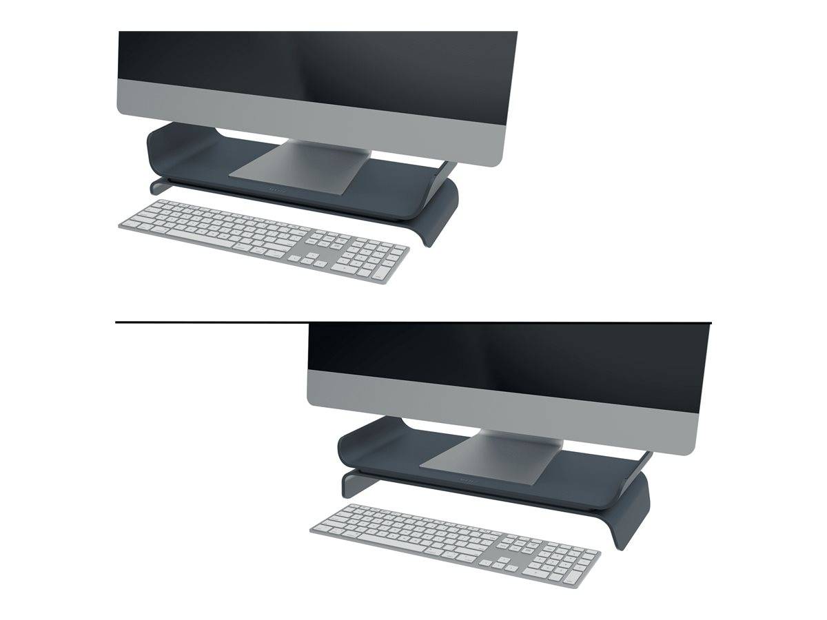 Zwei angewinkelte Ansichten eines Desktop-All-in-One-Computers mit Tastatur und Ständer auf weißem Hintergrund.