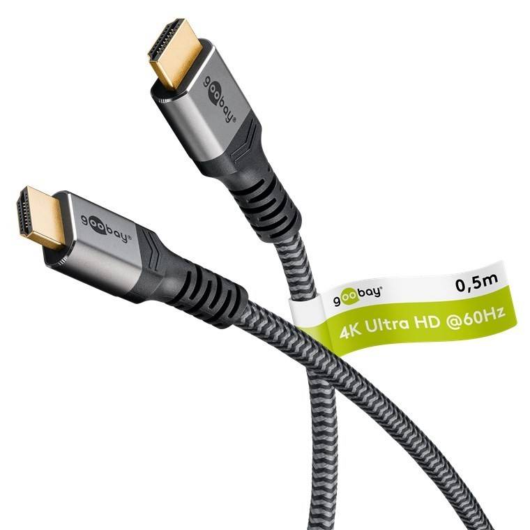 Zwei geflochtene HDMI-Kabel mit der Bezeichnung ‚goobay', mit einem Etikett ‚4K Ultra HD @60Hz' und einer Länge von ‚0,5m'.