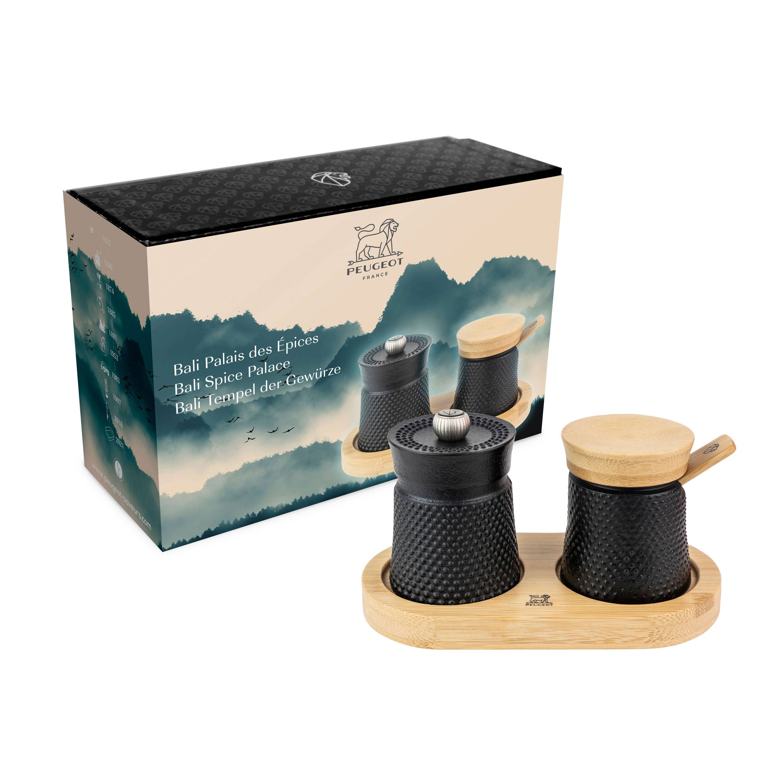Peugeot Gewürzset Bali - Tempel der Gewürze 3-tlg., Pfeffermühle und Salzgefäß in Menage, Gusseisen, Holz, Schwarz, 39967